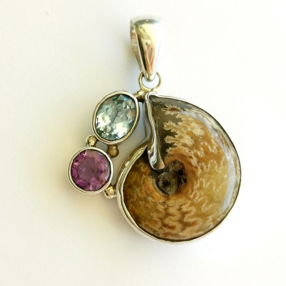 New Sterling Silver Ammonite Fossil Topaz Amethyst Pendant Necklace